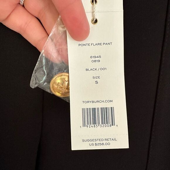 Tory Burch Ponte Flare Cropped Length Pant with Gold Tone Raised Logo Buttons - Picture 7 of 14